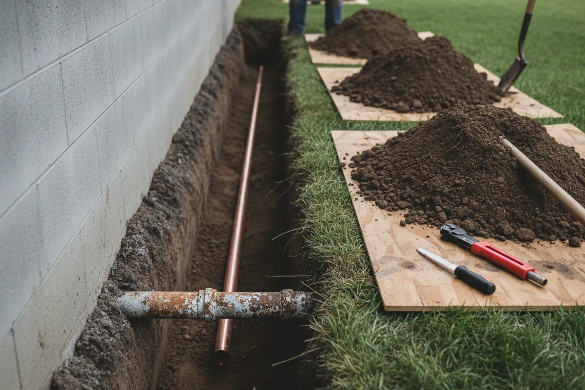 Excavated water line trench during Water Heater Repair in Applegate